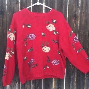 Red Eddie Bauer Floral Chunky Knit Sweater XL